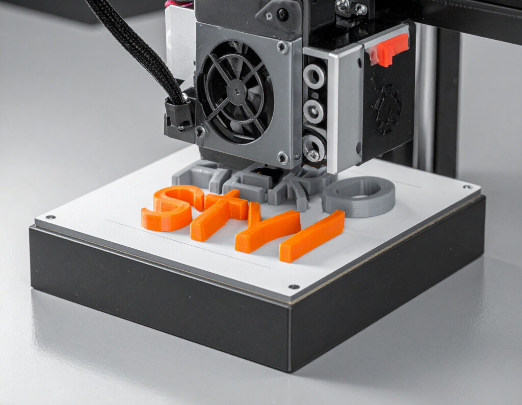 Une imprimante 3D réalise une impression de PLA de l'écriture de la marque AERO STYL'