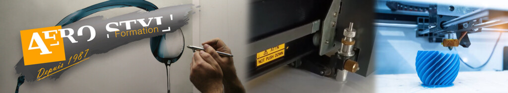 banderole de début de page représentant, de droite à gauche, une impression 3D, de la découpe de vinyle a l'aide d'un plotter de découpe et une main utilisant un aérographe pour peindre un verre. il se trouve dessus cette bannière, le logo AERO STYL'